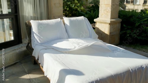 Luxurious 4K close up focusing on the crisp white linens meticulously covering the daybed inside a cabana visually inviting guests to relax and fully enjoy the opulent luxurious surroundings