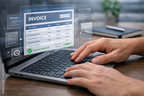 Processing online payments and generating automated billing systems, a hand works on a laptop keyboard while invoice and cart floating icon panels appear clearly above the screen.