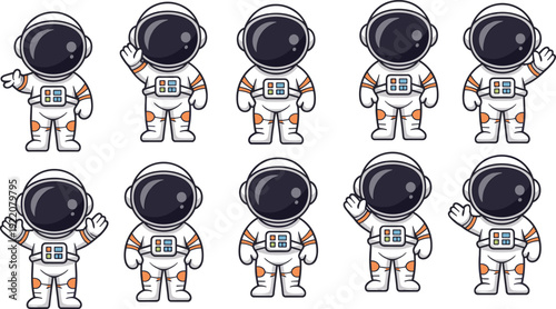 Cute astronaut cartoon character set space suit cosmonaut mascot vector illustration collection isolated on white background