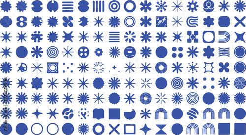 Collection of abstract geometric shapes and patterns in various blue shades and sizes