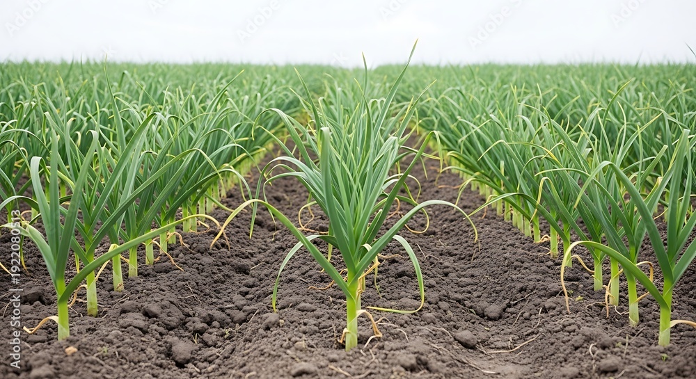 Fototapeta premium Rows of young garlic plants growing in fertile soil on a large agricultural field