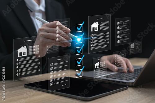 Real estate asset management, Online document checklist concept, Businesswoman reviewing property evaluation, Housing inspection, Workflow, Social media trends, Rating profitable investment strategy