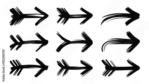 Hand-drawn brushstroke arrows set. Dynamic black ink direction pointers. Grunge vector collection for navigation, design, and web elements