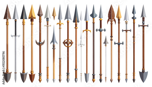 A diverse collection of traditional arrows and arrowheads from various cultures and eras isolated on transparent background