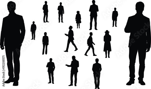 Business people silhouettes collection men and women standing walking gesturing full body black shadow figures isolated on white background