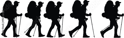 Hiker silhouette collection trekking man with backpack and poles walking camping adventure full body black shadow isolated vector