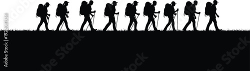 Hiker silhouettes walking in line with backpacks and trekking poles outdoor adventure black shadow panorama isolated on white background