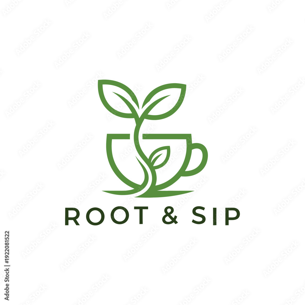 Fototapeta premium Green sprout in a tea cup icon for herbal cafe and organic beverage logo Root & Sip