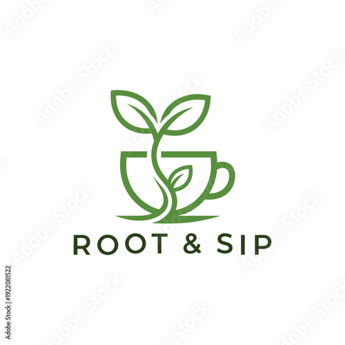 Green sprout in a tea cup icon for herbal cafe and organic beverage logo Root & Sip