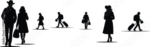 Travelers silhouettes collection men and women walking with luggage and bags full body black shadow isolated on white background