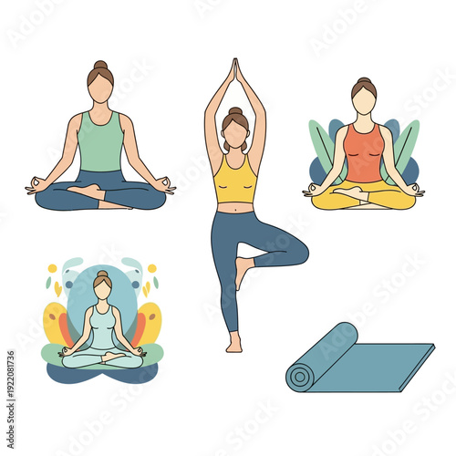 Vector illustration of a woman meditating and practicing yoga poses with a yoga mat, representing wellness and healthy lifestyle