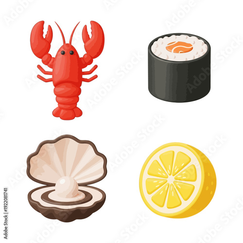 A vibrant flat vector illustration set featuring a succulent lobster, a fresh sushi roll, a delicate oyster with a pearl, and a juicy lemon slice, perfect for culinary and seafood themes