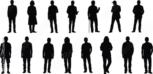 People silhouettes collection men and women standing in various poses full body black shadow set isolated on white