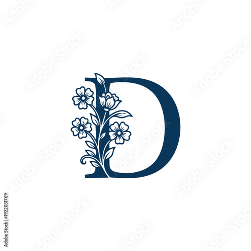 Elegant vintage floral letter D initial with delicate blooming flowers and botanical vines, decorative alphabet engraving isolated on white