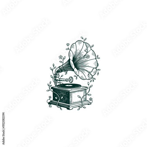 Vintage hand-drawn illustration of a classic gramofon record player entwined with elegant floral vines and blooming flowers.