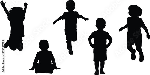 Children silhouettes set kids jumping running standing and sitting full body black shadow collection isolated on white background