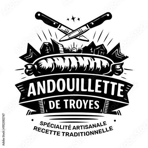 Andouillette de Troyes vintage badge – Illustration noir et blanc style gravure