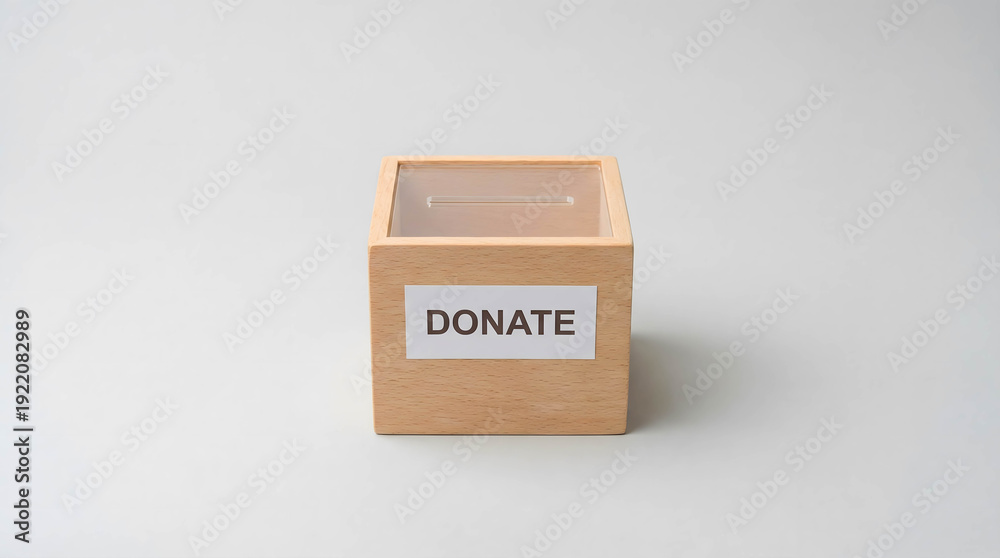 Fototapeta premium Wooden donation box placed on a plain surface to collect funds for a cause or charity during a fundraising event