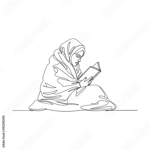 Woman reading book in contemplative pose with hijab