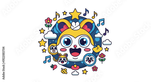 Abstract vector illustration of a happy robot character design featuring a cute smile and funny tattoo symbol on a colorful comic art background set for a party card