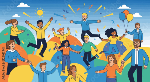 Bild auf Leinwand A vibrant cartoon illustration of a diverse business team and community finding