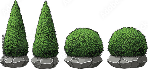 Realistic Garden Shrub and Conical Bush Vector Illustration Set Decorative Landscape Plants Isolated on White Background Design