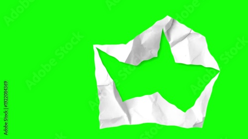 Crumpled white paper unfold transition on green screen background