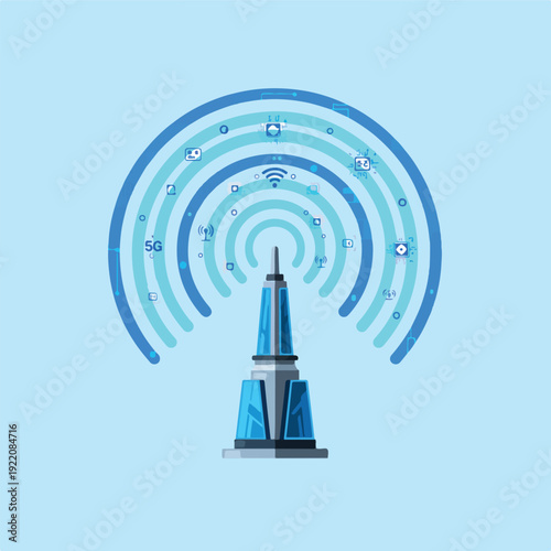Futuristic mobile network tower emitting digital signal waves.eps