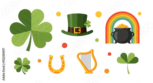 Collection of Irish symbols including shamrocks, leprechaun hat, horseshoe, harp, rainbow, and pot of gold on festive background