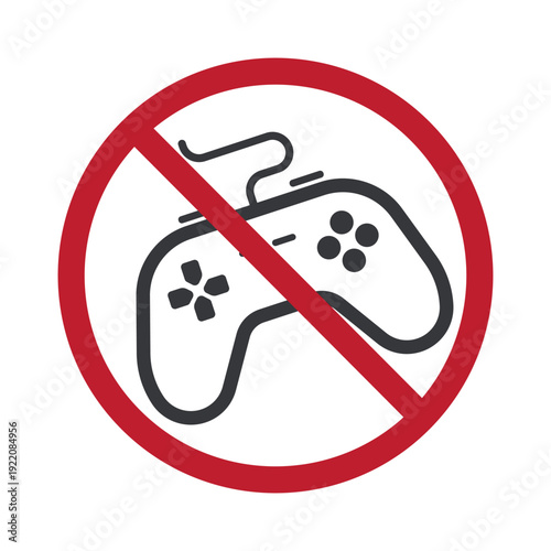 Isolated prohibition sign over wired gamepad symbolizing no gaming allowed restriction rule control device ban icon for public areas schools or workplaces