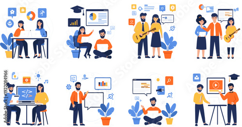 Online Education and E-Learning Illustration Set Featuring Students Teachers Digital Learning Coding Music Lessons and Virtual Classroom Concepts