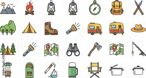 Camping and Outdoor Adventure Icon Set Featuring Hiking Gear Travel Equipment Nature Exploration Symbols for Tourism Survival and Trekking Designs