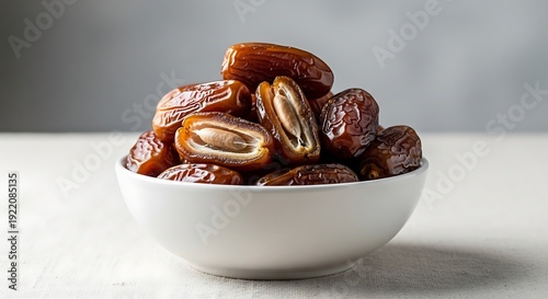 Dates in a white ceramic bowl on a table kurma