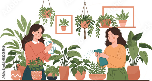 Woman Planting Flowers in PWomen Caring for Indoor Plants – Home Gardening and Houseplant Care Illustrationot – Gardening and Eco Lifestyle Illustration