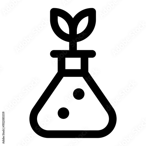 Vector icon of a laboratory flask containing a plant sprout, representing biotechnology, growth, and environmental science.