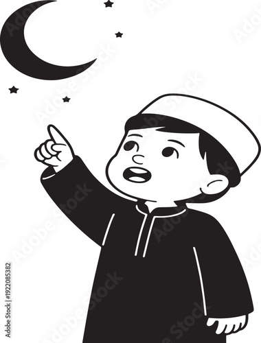 Black and white cartoon boy in traditional clothing pointing at crescent moon and stars