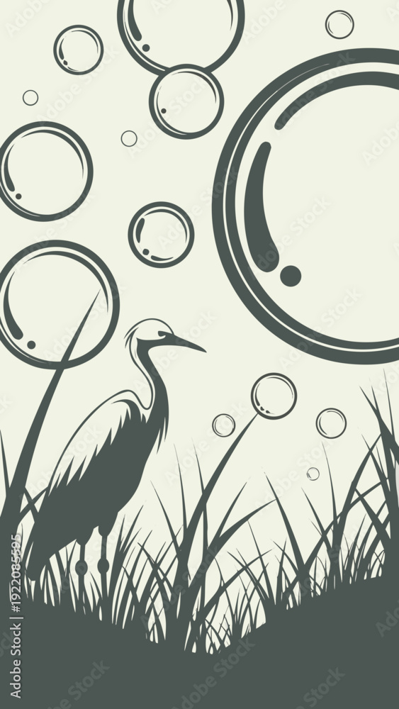 Naklejka premium Graceful Heron Amidst Bubbles and Reeds Serene Nature Scene.