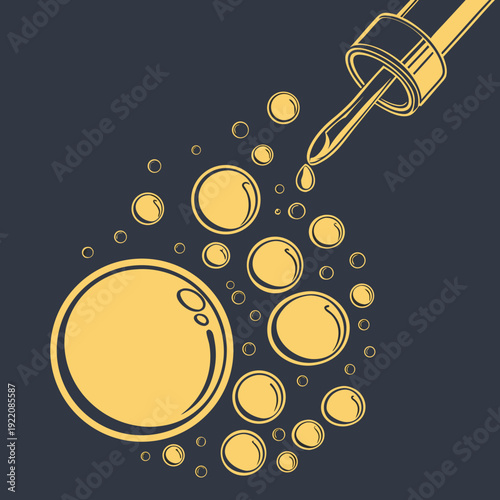 Golden Droplets and Pipette Illustration on Dark Background.