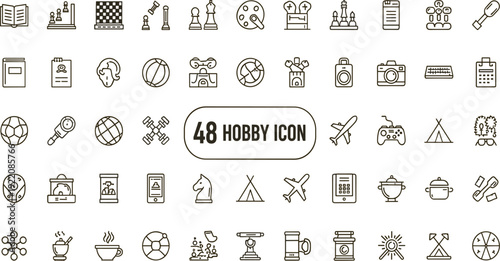 Hobby Line Icon Set with Chess, Photography, Travel, Music, Sports, Camping, Cooking, and Creative Leisure Activity Symbols