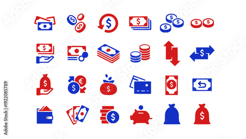 Comprehensive banking and payment icon set in red and blue style. Features credit cards, cash flow, online transactions, currency symbols, financial security, and investment tools.