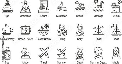 Spa Wellness and Relaxation Line Icon Set Featuring Meditation Massage Travel Resort Yoga and Self Care Lifestyle Symbols Collection
