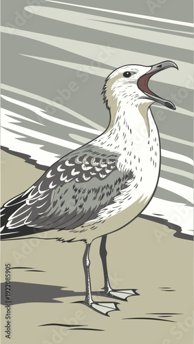 Seagull standing on the beach with its beak open calling out.