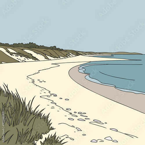 Serene Coastal Landscape with Sandy Beach and Gentle Waves.