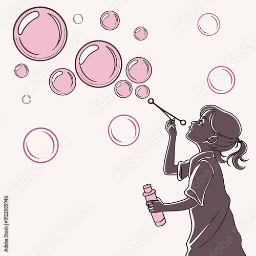 Silhouette of a girl blowing bubbles with pink bubbles floating in the air.