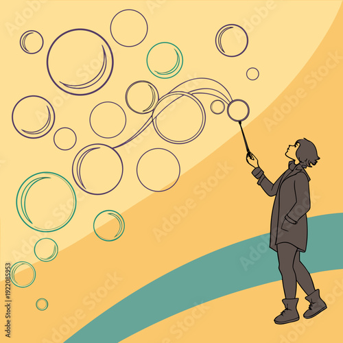Silhouette of a person blowing bubbles creating a whimsical and playful atmosphere.