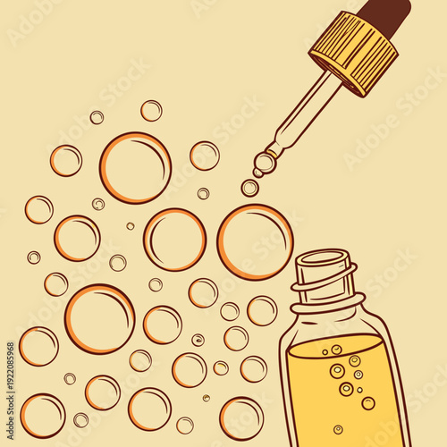 Skincare serum bottle with dropper and bubbles.