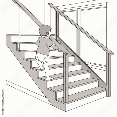 Small child carefully ascends wooden staircase holding onto the railing for support in a brightly lit indoor setting.