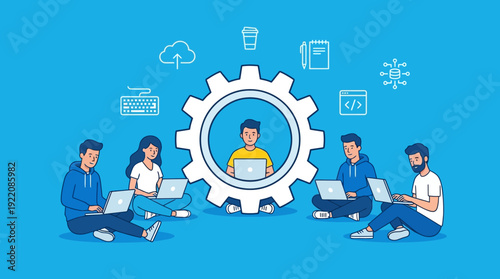 Agile Tech Team Collaboration and Software Development Workflow with Digital Tools and Process Icons