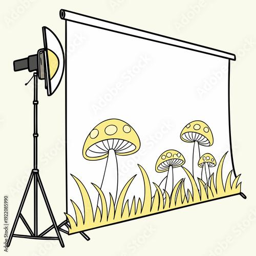 Studio setup with mushroom and grass backdrop and lighting equipment.