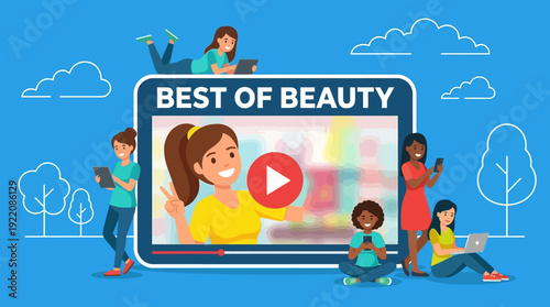 Diverse Young Women Engaged with Online Beauty Vlogs and Digital Content on Various Devices